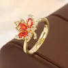 Anillo de Hoja de Arce con Circonita Roja de Nuevo Estilo Transfronterizo para Mujer, Lujo Ligero, Dulce y Único, Gama Alta, Exquisito, Anillo Abierto Versátil