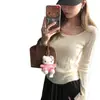 Blusa de tricô gola U manga longa para mulheres, primavera e outono, elegante, acinturada, justa ao corpo, segunda pele, top com toque de alta qualidade