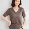 Suéter de Punto para Mujer 2025 Primavera Nuevo Estilo Ajustado Cuello en V Color Sólido Manga Corta Top Delgado Lana Merino Manga Corta