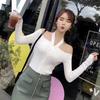 2019 Nova moda outono sexy halter decote em V ombro a ombro emagrecimento manga longa camiseta ins top feminino