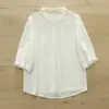 3602 Camisa de Gasa de Algodón Suave de Doble Capa con Parches de Encaje Dulce de Manga Tres Cuartos para Mujer 2026 Nuevo Top Casual de Verano