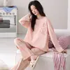 Pijama de algodón para mujer de primavera y otoño, manga larga y pantalón largo, cuello redondo, dulce y lindo, se puede usar fuera de casa, conjunto de ropa para el hogar para mujer