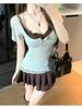 Camiseta de Manga Curta com Decote U e Renda Feminina Verão Roupa Pura Luxúria Vestido Marrom de Alças Saia Curta Conjunto de Duas Peças