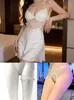 Camisola Sexy Coelho Blush para Mulheres Verão Alça Camisola Renda Vazada Costas Abertas Roupa de Dormir Roupão para Casa Conjunto de Duas Peças