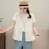 Chaleco Artístico de Algodón y Lino con Cuello en V para Mujer, Top Cardigan Elegante con Adorno de Encaje para Primavera y Verano