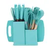 Juego de Utensilios de Cocina y Cuchillos de Silicona de 19 Piezas, Espátula y Cuchara Antiadherentes para Cocinar con Cubo de Almacenamiento para Cocina