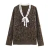 Otoño 2025 Nuevo Estilo Europeo y Americano Moda Femenina Casual Holgado Versátil Encaje Estampado de Leopardo Suéter de Punto