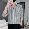 Camisa Rayada de Lujo Ligero Estilo Coreano para Hombre Manga Larga Sensación de Alta Gama Gasa Tendencia de Moda Camisa Cardigan Comercio Exterior Tallas Grandes