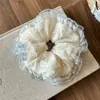 Scrunchie de Flores em Renda Azul Xadrez Estilo Coreano para Mulheres, Prendedor de Cabelo Grande de Alta Qualidade para Coque
