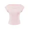 Camiseta corta de manga corta con fruncidos y hombros descubiertos estilo francés para mujer, diseño único de verano, corte ajustado, hombro asimétrico, top corto adelgazante de color café