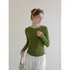 Camiseta Feminina Manga Longa Gola Redonda Costura em Contraste Verde Estilo Coreano Forever, Top Outono Slim Fit