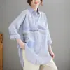 Camisa de Algodón Bordada de Longitud Media con Mangas Largas, Rayas Versátil Artística Talla Grande Holgada
