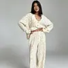 Pijama de Algodón Puro para Mujer 2026 para Otoño e Invierno OZON Manga Larga Pantalón Largo Conjunto de Dos Piezas Estampado Ropa de Casa de Algodón y Seda Estilo Europeo y Americano Traje para Mujer