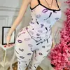 Pijama Feminino Outono 2025 Calça de Alça Estampada Slim Sexy Conjunto de Roupas para Casa Venda Quente na Amazon Europeia e Americana