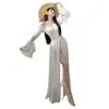 Vestido largo plisado de un hombro con volantes estilo francés para mujer, estilo nuevo, elegante, entallado a la cintura, estilo vacacional, blanco