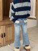 Calça Jeans Forrada com Lã Princess Yuyu para Meninas Estilo Coreano de Inverno para Crianças Barra Crua Bolso Integrado Calça Flare com Lã
