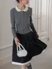 Suéter curto de gola polo em tricô canelado slim fit para mulheres, cardigã de outono, ombro normal, top elegante e afina a silhueta de manga longa