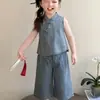 Conjunto de Verão Sem Mangas para Meninas Estilo Chinês Novo Estilo Novo Conjunto Chinês de Duas Peças Traje Antigo Colete Jeans Infantil Em Estoque