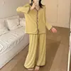 Pijama de rayón para mujer para primavera y otoño, cárdigan casual simple de manga larga con pantalones largos, corte holgado, se puede usar para salir, conjunto para estar en casa