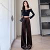 Pantalones vintage de terciopelo con estampado de leopardo de pierna ancha para mujer, pantalones rectos con cordón de ajuste y cintura elástica para primavera, corte ajustado, pantalones casuales altos hasta el suelo
