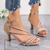 Sandalias de Moda para Mujer, Estilo Hada Tacón Medio, Nuevo Estilo 2025, Tacones de Aguja, Envueltas en Pedrería, Estilo Romano, Tacones Altos Talla Grande