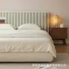 Cama de Tela Estilo Retro Francés Crema Cama Doble de 1.8m Cabecero Tapizado Diseño de Rayas Fresca Cama Estilo Relajado con Carrillón de Viento