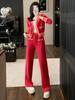 Traje Xiaoxiangfeng para mujer Primavera 2025 Nueva Moda Alto Sentido Casual Tejido Pantalón Ancho Dos Piezas Estilo Occidental