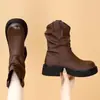 Otoño/Invierno 2026 Nuevo Estilo Botas Vaqueras Western de Plataforma con Tacón Grueso para Mujer Negras con Volantes Apiladas Corte en V Botas de Caballero Adelgazantes