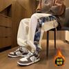 Pantalones casuales rectos de forro polar para hombre, con bordado de oso estilo chino, para primavera y otoño, holgados, talla grande, Pantalones de chándal