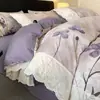 Juego de Ropa de Cama Retro de Gasa Arrugada con Encaje de Cuatro Piezas, Funda de Edredón Amigable con la Piel, Juego de Sábanas de Tres Piezas para Dormitorio, Ropa de Cama Estilo Sábana Ajustada