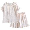 Nuevo Estilo Ropa para el Hogar Algodón Doble Gasa Delgada Encaje Floral Manga Corta Shorts Verano Dulce Conjunto de Pijama