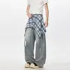 Estilo de Calle de Nicho para Hombre Verano Vintage Americano Pantalones de Pierna Ancha con Salpicaduras de Pintura Tendencia Versátil Pantalones Largos de Falso Dos Piezas