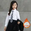 Camisa Feminina Infantil Branca com Forro de Fleece Manga Longa Estilo Coreano Estilo Ocidental Top 100% Algodão para Crianças do Ensino Fundamental e Alunos do Ensino Primário