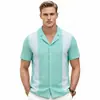 Ropa de Hombre Transfronteriza Estilo Europeo y Americano Cuello Cubano Tejidos con Bloques de Color Nuevo de Verano Cárdigan de Manga Corta Camisa Polo para Hombre Sj0164