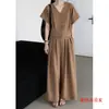 Conjunto Chique Coreano Relaxado Vintage com Decote V, Botões e Manga Curta + Calça Wide Leg Fluida Emagrecimento