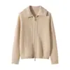Cárdigan de punto con cremallera y cuello alto 100% cachemira pura para mujer, manga larga, color liso, corte holgado, chaqueta casual versátil y simple