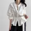 Camisa Social Elegante de Manga Longa Estilo Europeu com Cinto Ajuste na Cintura para Mulheres, Lançamento Primavera 2026, Top para Eventos Sociais