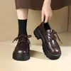 Sapatos de couro estilo britânico com cadarço, salto grosso versátil, para mulheres petite, outono 2026, sapatilhas de sola grossa de cano baixo, sapatos de um só furo estilo preppy