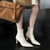 Botas Cortas de Tacón Alto con Cremallera Trasera, Puntiagudas, Elásticas, Ajustadas, Estilo Coreano, Color Blanco Luna, Nuevo Estilo Otoño e Invierno 2025