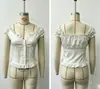 Camiseta de Manga Corta con Volantes Estilo Ballet Nuevo de Verano Encaje Ajustada Botones Cuello en V Manga Corta Top Venta al por Mayor