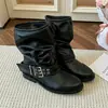 Botas Femininas Empilhadas com Fivela Retrô Outono Inverno Novo Salto Grosso Botas de Cavaleiro Franzidas Botas de Motocicleta Botas Curtas Botas Martin