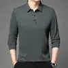 Camiseta de manga larga para hombre para primavera y otoño, top fino con cuello camisero, estilo casual de negocios, adecuada para padres de mediana edad, color liso, polo versátil