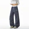 Pantalones Largos de Pierna Ancha Azules a Cuadros con Estrellas, Estilo Dulce y Fresco, Cintura Elástica con Cordón, Bordado de Inglés Escrito a Mano, Pantalones Sueltos y Relajados para Hombres y Mujeres