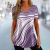 Playera Casual de Manga Corta con Cuello en V para Mujer con Estampado de Rayas Digital 3D Verano Nuevo Europeo y Americano Directo de Fábrica