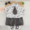 Traje de Verano de Manga Corta para Niño, Moderno 2025 Nuevo Dibujo Animado Verano Estampado Completo Camisa con Cabeza de Panda y Corbata Conjunto de Dos Piezas
