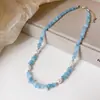 Colar de Aço Inoxidável com Pedra Azul e Pérolas Fresco e Simples Corrente de Clavícula de Luxo Nicho Colar Simples Versátil para Mulheres
