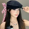 Gorra Plaid con Lazo Estilo Japonés para Mujer, Boina Versátil de Verano para Cabeza Grande, Gorra de Periodista Dulce para Adelgazar la Cara