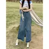 Falda de Mezclilla Vintage para Mujer, Nuevo Estilo Verano 2026, Cintura Alta, Corte Holgado, Línea A Adelgazante, Abertura, Corte Recto, Falda Bodycon