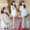 2026 Nuevo Estilo Coreano Bordado Lunares Patchwork Gasa Holgado Top Babydoll + Pantalones Cortos de Soporte para el Vientre de Maternidad