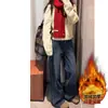 Jeans de pierna ancha gruesos con forro polar estilo americano de talla grande para mujer, holgados, de talle alto, adelgazantes, con caída, de pierna recta, largos hasta el suelo